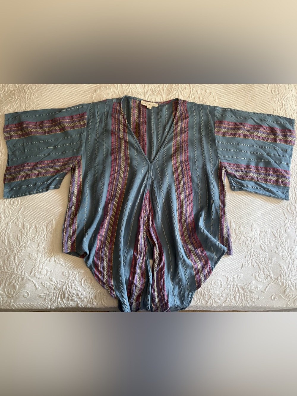 Lovestitch Blue Metallic Stripe Front-Tie Blouse - size Large - boho woven top - Picture 6 of 15